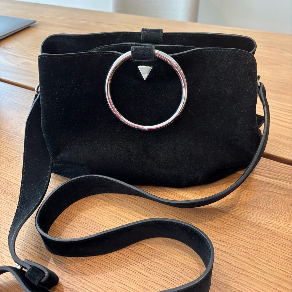Salar Milano black suede leather bag with silver o-ring handles and strap